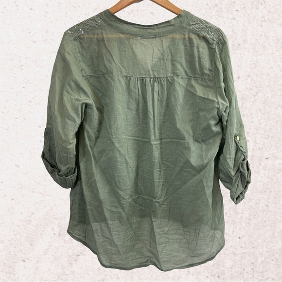 Green V-Neck Blouse with Rolled Sleeves - Picture 2 of 4